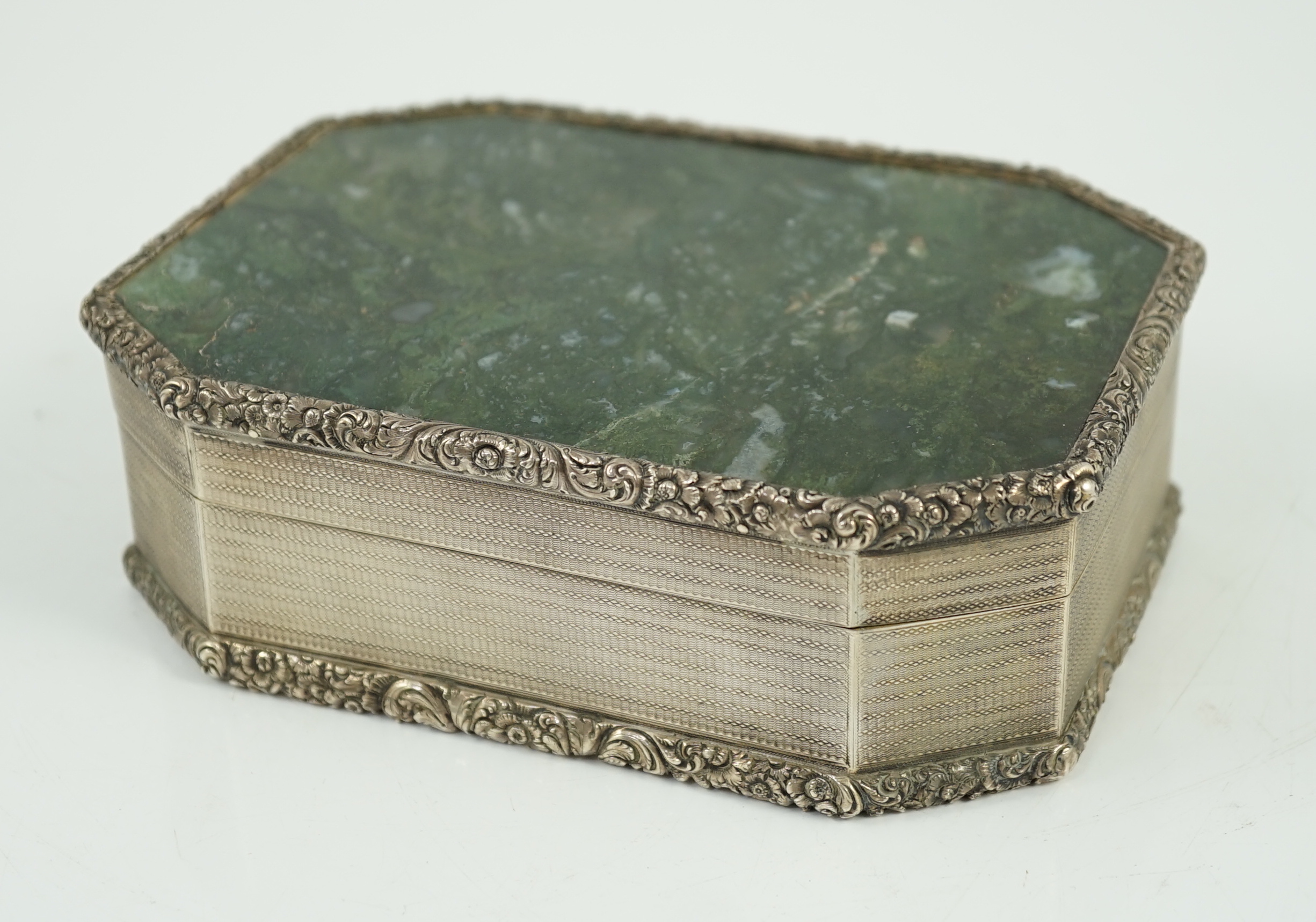 An early Victorian engine turned silver and inset moss agate box and cover, by Sampson Mordan I